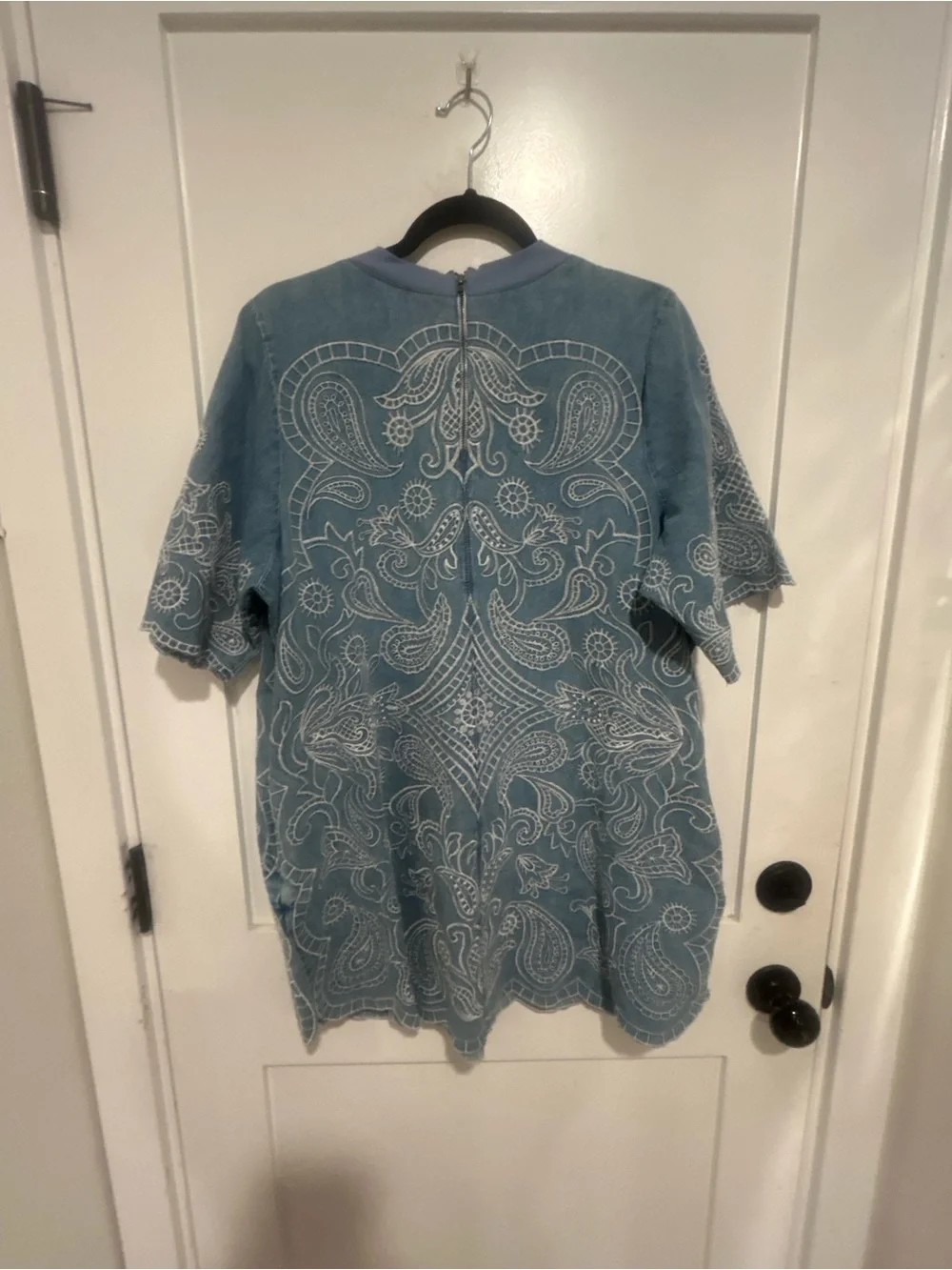 harlow embroidered denim mini dress Free People size medium 裝飾/飾邊材料:Gown + Detachable Mikado Train womens-month-2026 VERWIN Two Pieces Denim Mandarin collar short sleeves